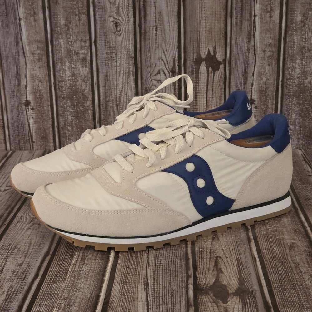 Sz 12 Mens Saucony Jazz Low Pro Cream Blue Suede Nylon Classic Retro Sneakers